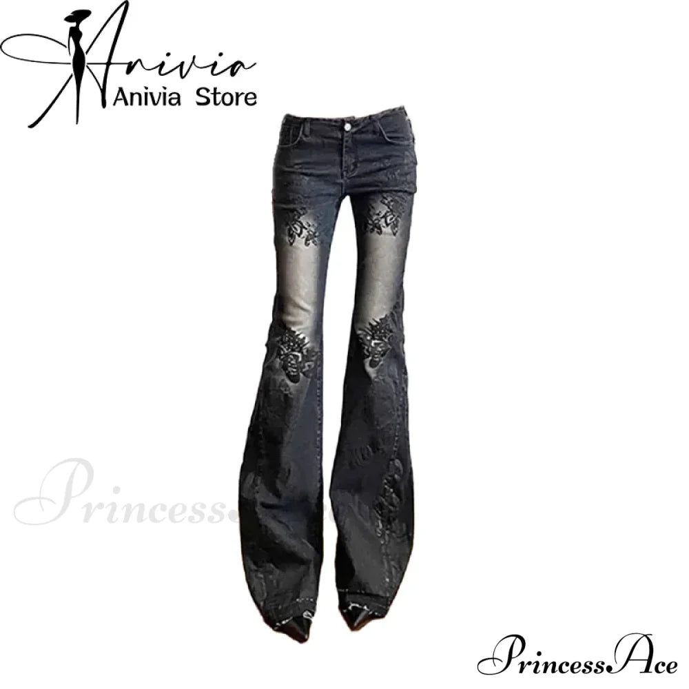 Women Gothic Y2K Flare Jeans 90S Aesthetic Low Waist Pants Picture Color / S Halloween