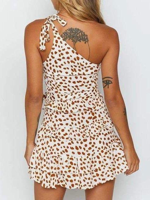 Spotted Print One Shoulder Tiered Mini Dress