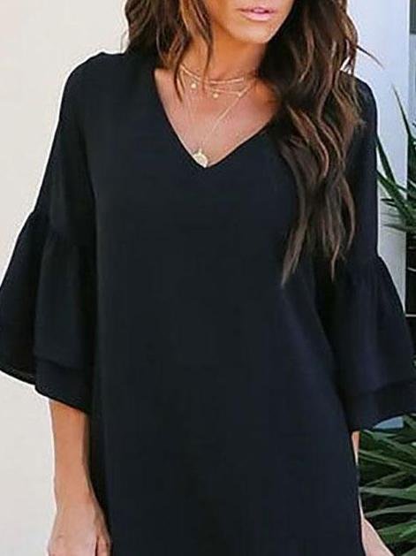 Women Loose Solid Color V Neck Mini Dress With Sleeve