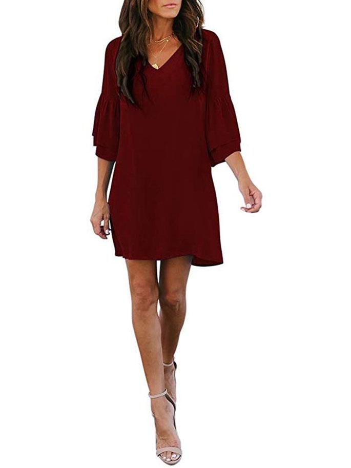 Women Loose Solid Color V Neck Mini Dress With Sleeve