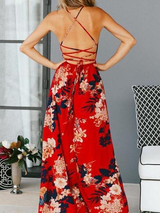 Floral Print V-Neck Button Front Slit Maxi Dress 3