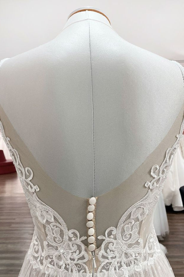 Women Sleeveless Tulle Lace Backless A-Line Wedding Dresses - Fashionpara