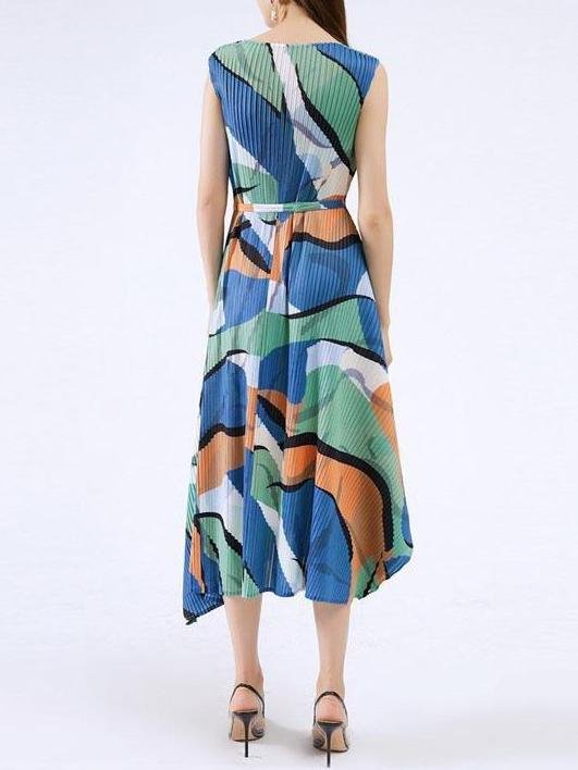 Abstract Print Sleeveless Pleated A-Line Midi Dress