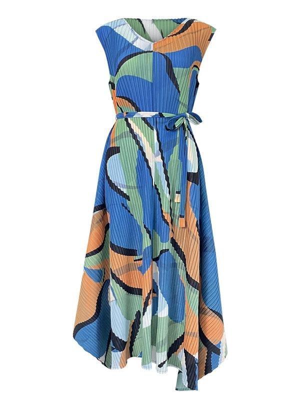 Abstract Print Sleeveless Pleated A-Line Midi Dress