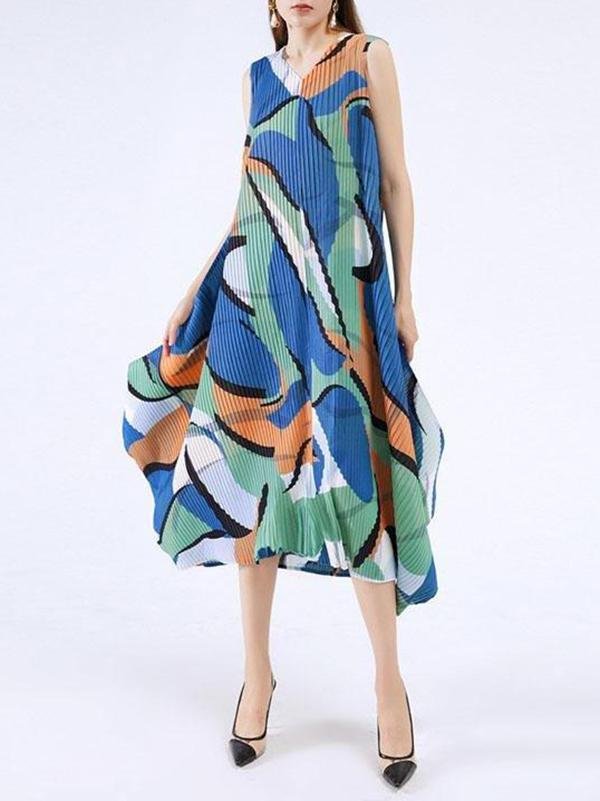 Abstract Print Sleeveless Pleated A-Line Midi Dress