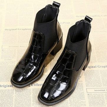 Patent Leather Chunky Heels Ankle Boots - Mislish