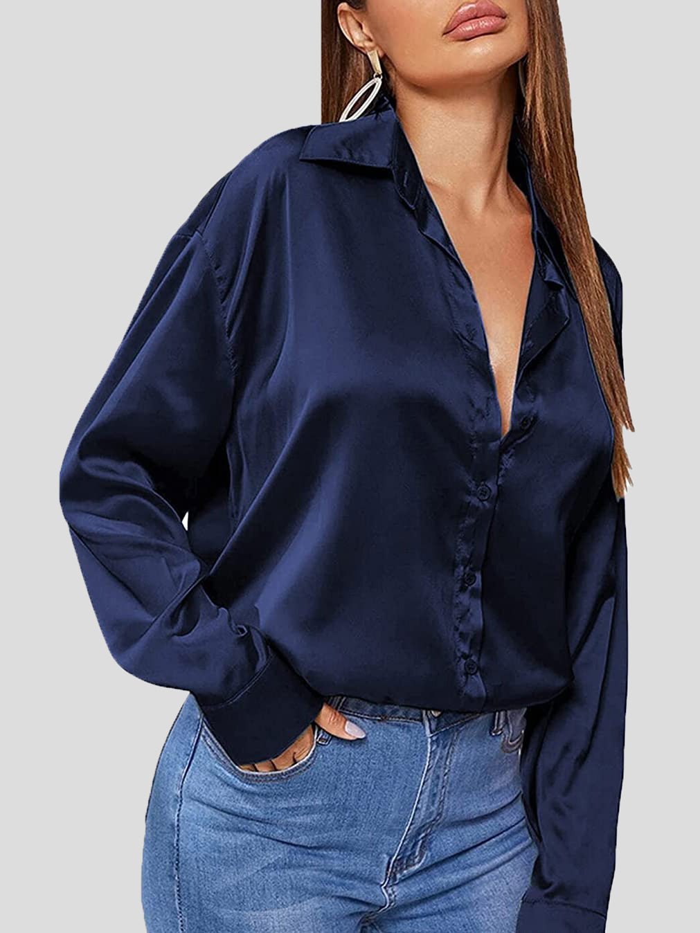 Solid Satin POLO Neck Long Sleeve Blouse - Fashionpara