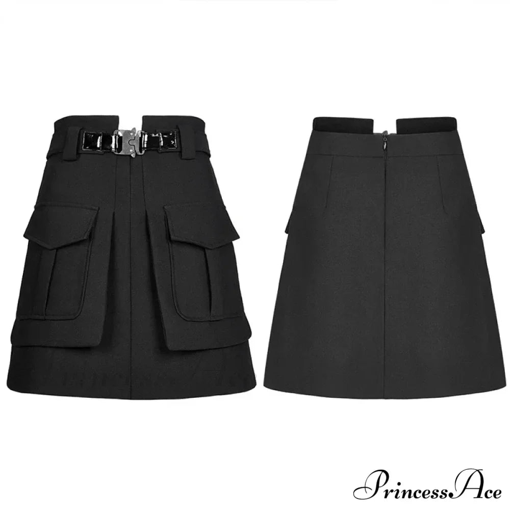 Women's Collect Waist A Line Black Half Personality Casual Women Mini Functional Buckle Decoration Skirt