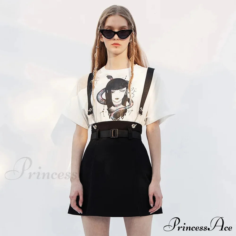 Women’s Daily Small A-Line Removable Shoulder-Strap Half Gifted Belt Casual Skirt Black / S
