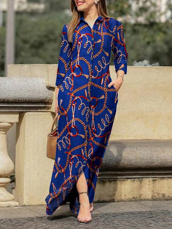 Chain Print Lapel Button Long Sleeve Dress - Fashionpara
