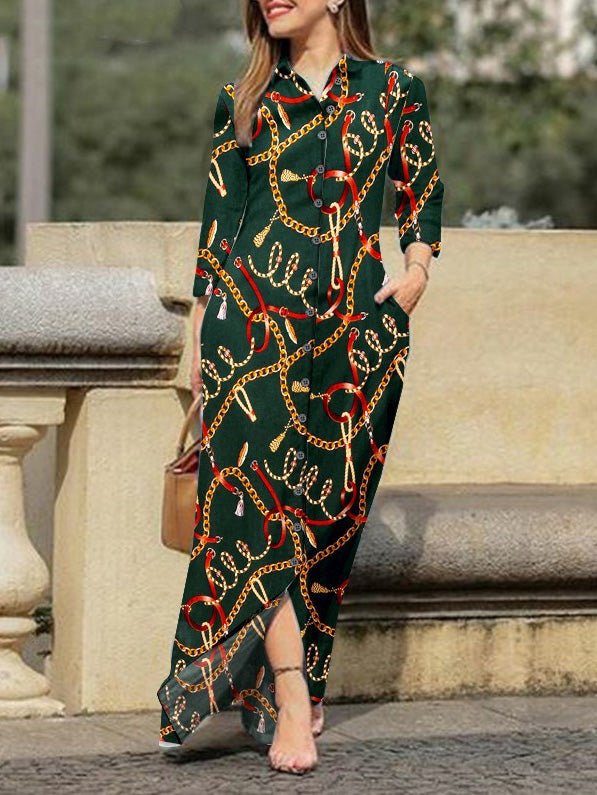 Chain Print Lapel Button Long Sleeve Dress - Fashionpara