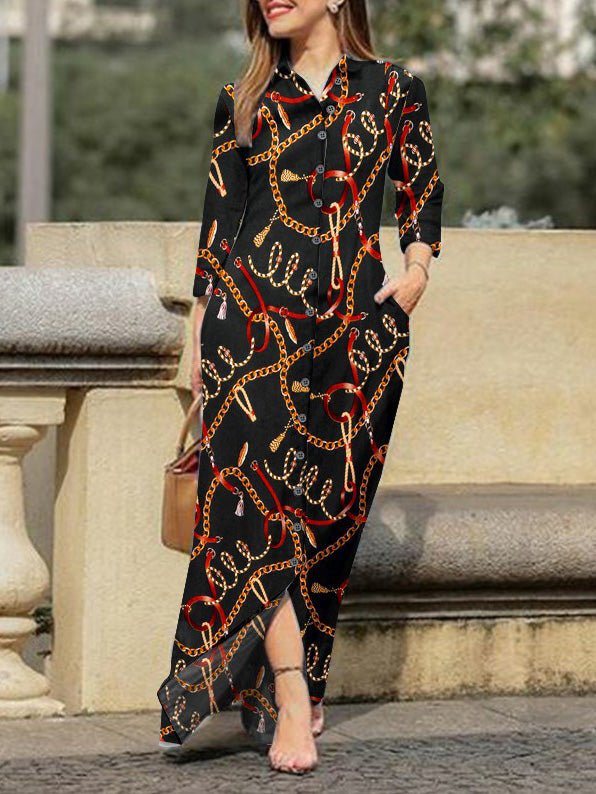 Chain Print Lapel Button Long Sleeve Dress - Fashionpara