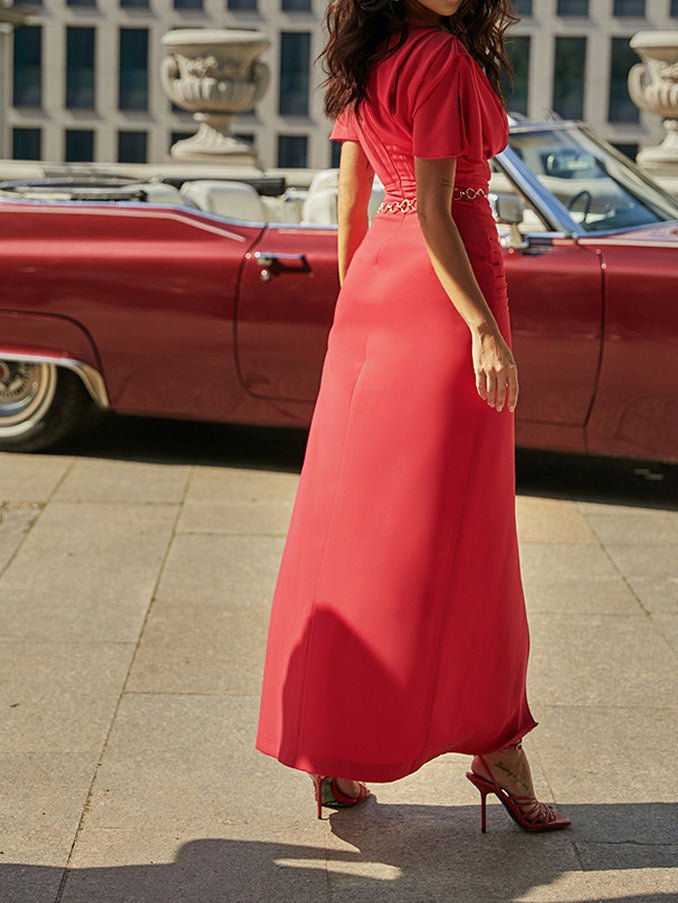 Round Neck Short Sleeve Ruched High-Slit Maxi Dress 5