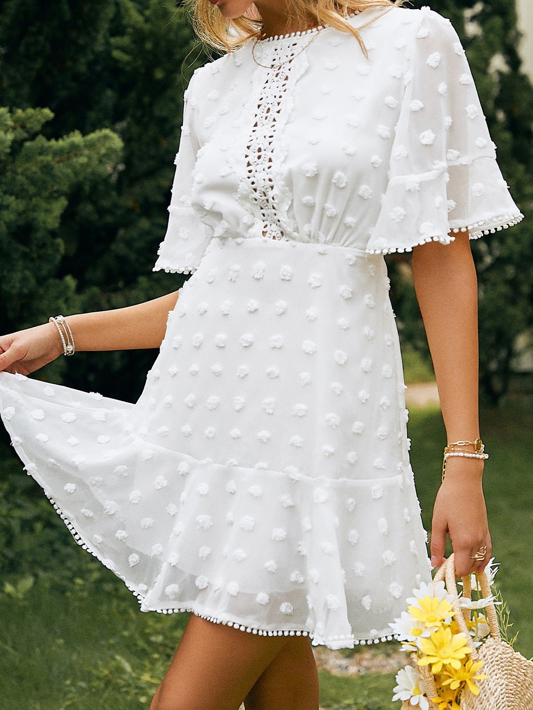 Swiss Dot Lace Trim Flutter Sleeve Ruffle Mini Dress