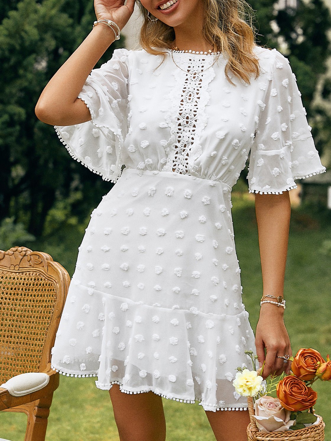 Jacquard Polka Dot Lace Fringed Dress - Fashionpara