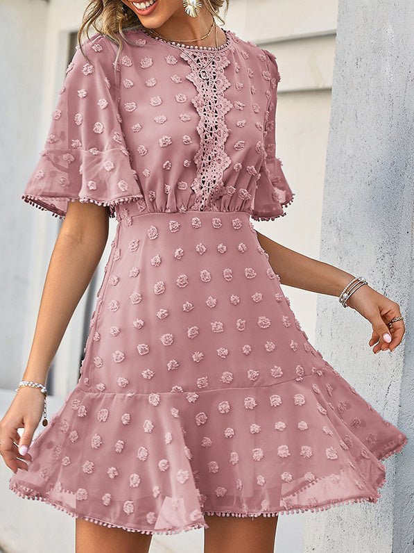 Swiss Dot Lace Trim Flutter Sleeve Ruffle Mini Dress