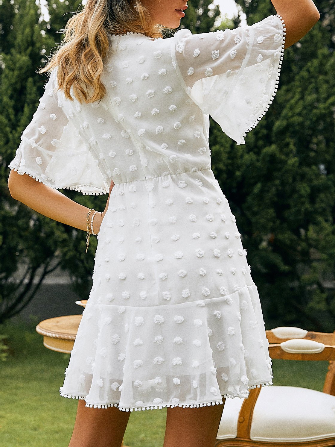 Swiss Dot Lace Trim Flutter Sleeve Ruffle Mini Dress