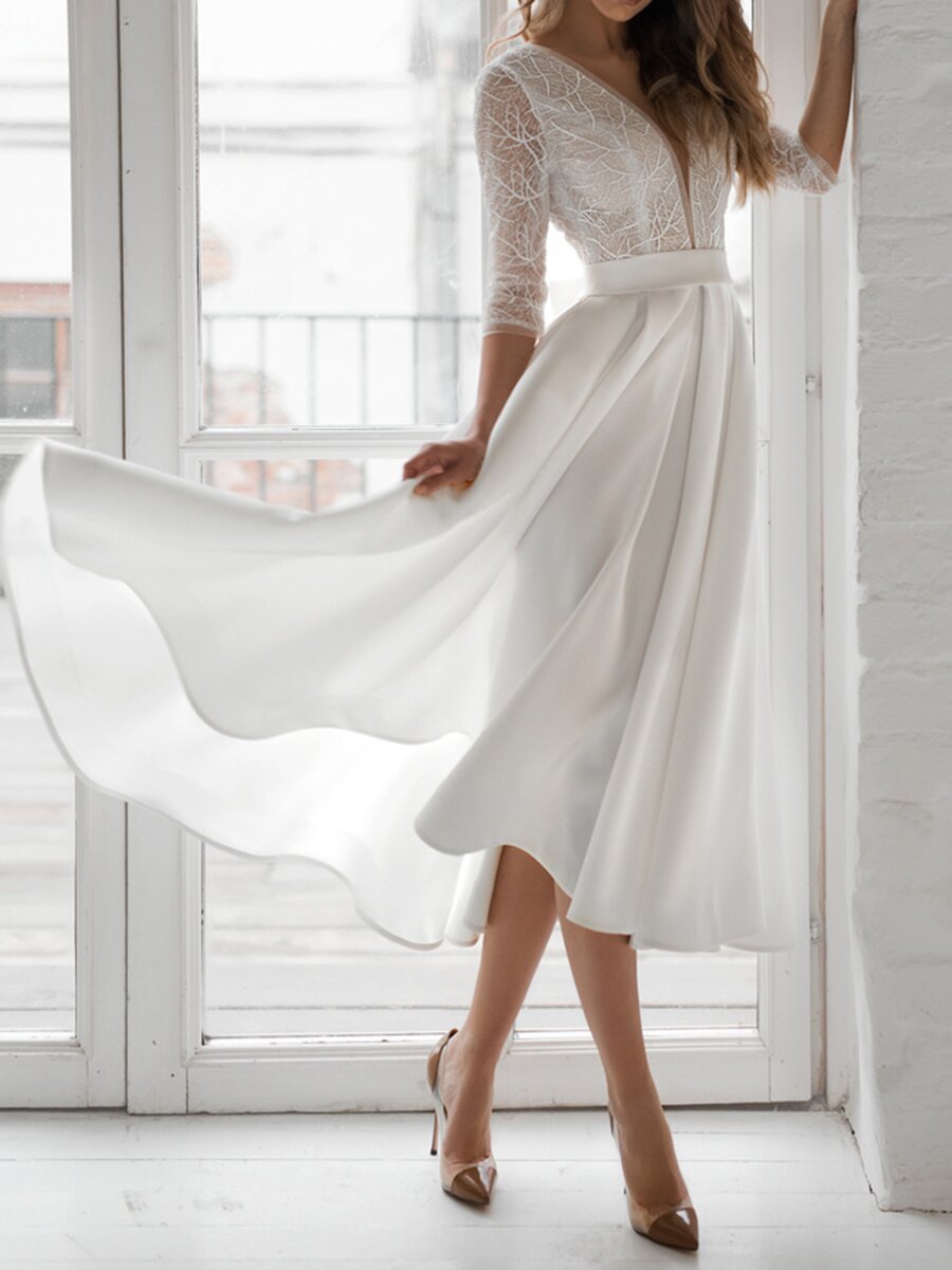Lace V-Neck Three-Quarter Sleeve Backless Midi Dress