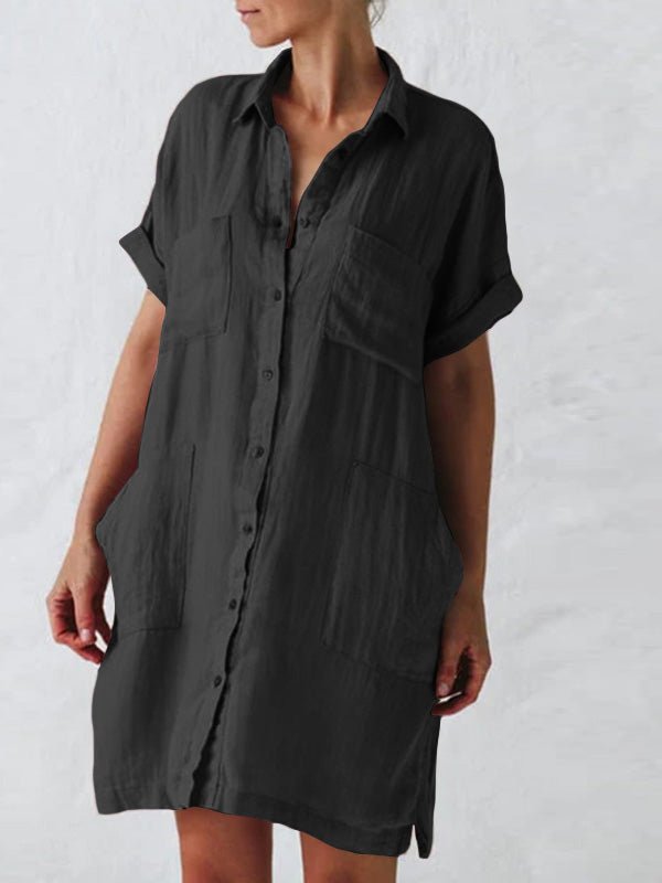 Lapel Short Sleeve Pocket Shirt Dress - Fashionpara