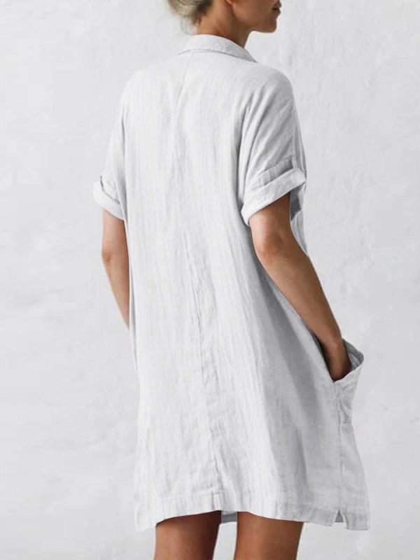 Lapel Short Sleeve Pocket Shirt Dress - Fashionpara
