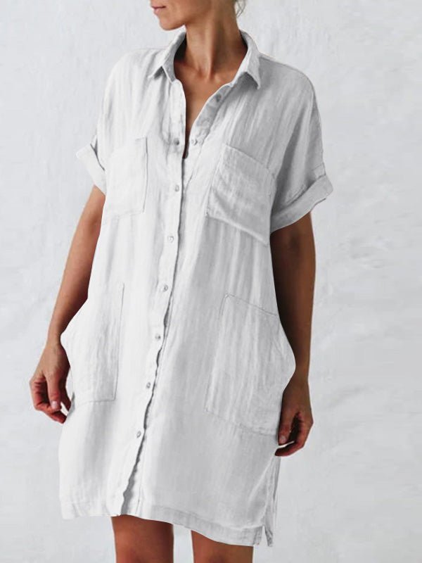 Lapel Short Sleeve Pocket Shirt Dress - Fashionpara
