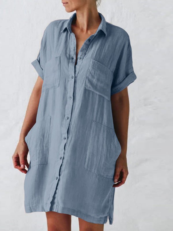 Lapel Short Sleeve Pocket Shirt Dress - Fashionpara