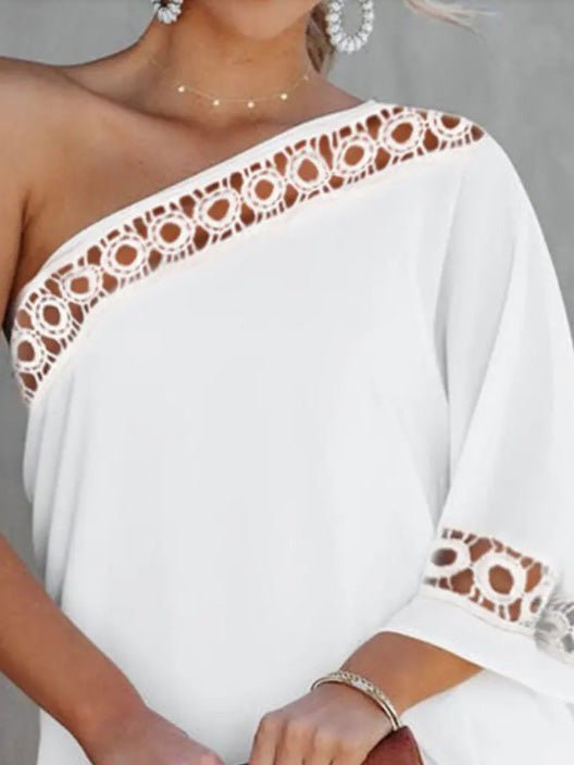 One Shoulder Lace Trim Draped Sleeve Shift Mini Dress