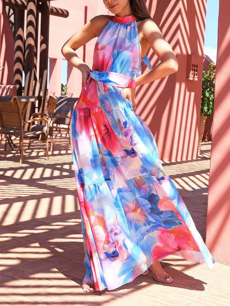 Floral Print Halter Neck Tiered Belted Maxi Dress