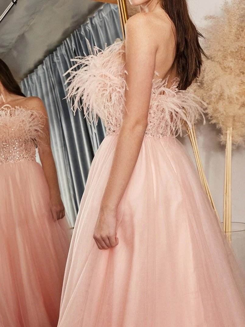 One-Shoulder Feather Sequin Panel Mesh Dress - Fashionpara