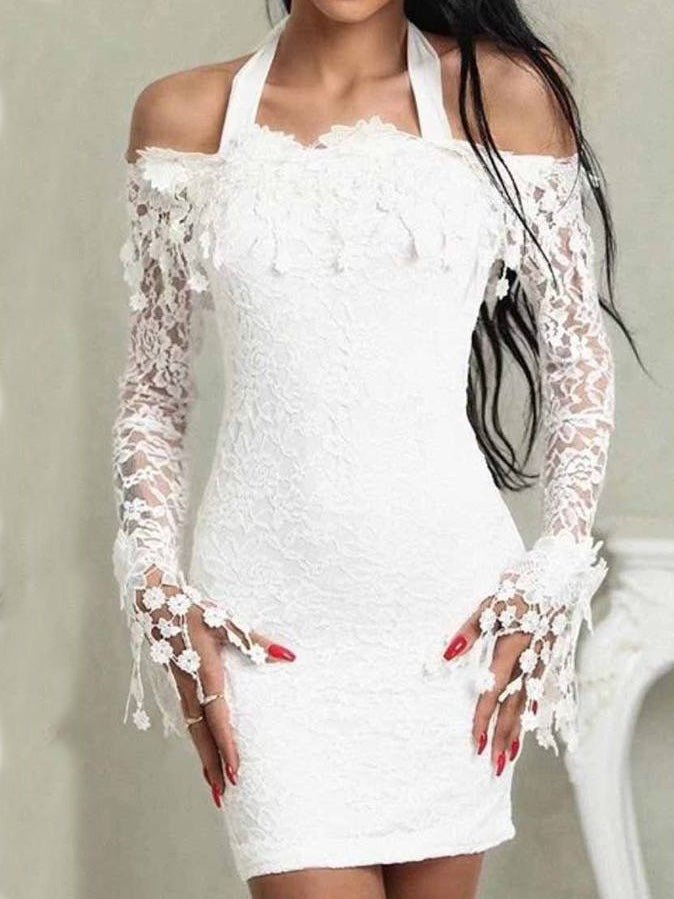 Lace Off Shoulder Long Sleeve Bodycon Mini Dress