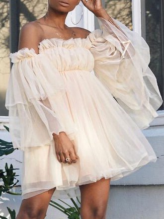 One-Shoulder Long Sleeve Mesh Mini Dress