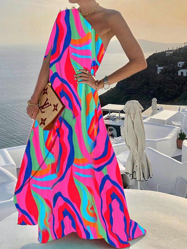 Floral Print One-Shoulder Swing A-Line Maxi Dress 2