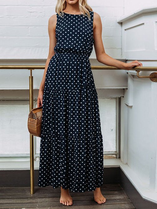 Polka Dot Round Neck Sleeveless Tiered Maxi Dress