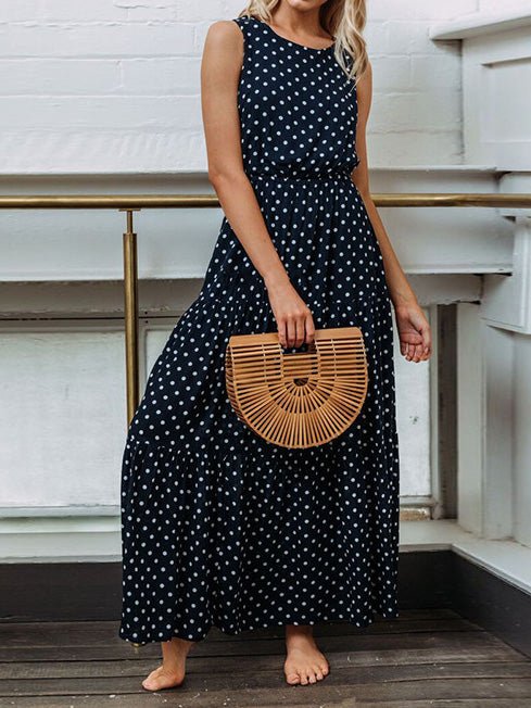 Polka Dot Crew Neck Sleeveless Dress - Fashionpara