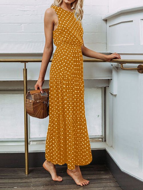 Polka Dot Round Neck Sleeveless Tiered Maxi Dress