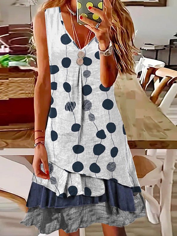 Printed V-Neck Sleeveless Layered Hem Midi Dress