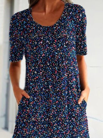 Printed Crew Neck Short Sleeve Pocket Dress