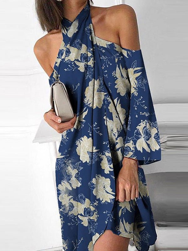 Floral Print Halter Neck Off Shoulder Long Sleeve Dress