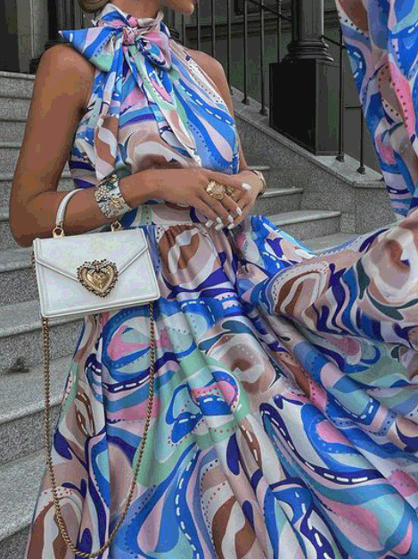 Abstract Print Halter Neck Tie Maxi Dress
