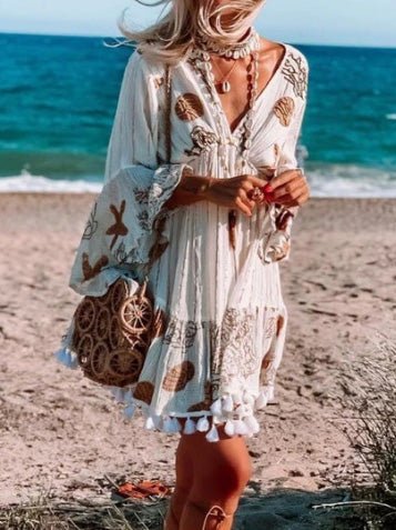 Embroidered V-Neck Bell Sleeve Tassel Beach Cover-Up