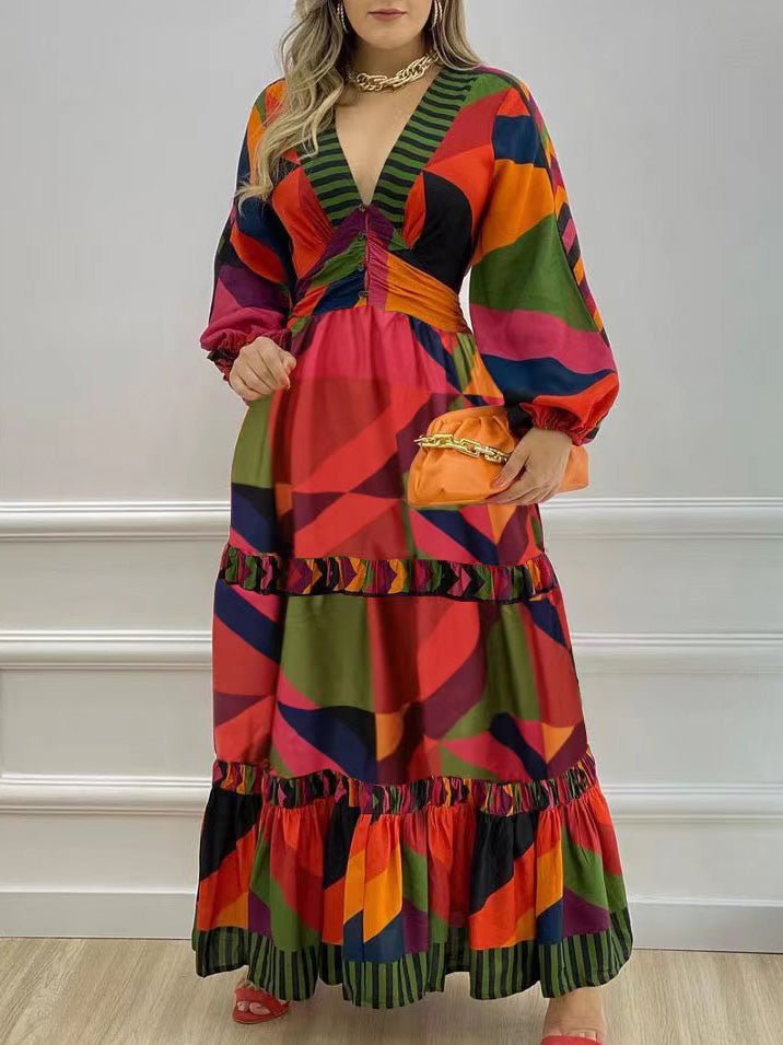Geometric Print V-Neck Long Sleeve Tiered Maxi Dress
