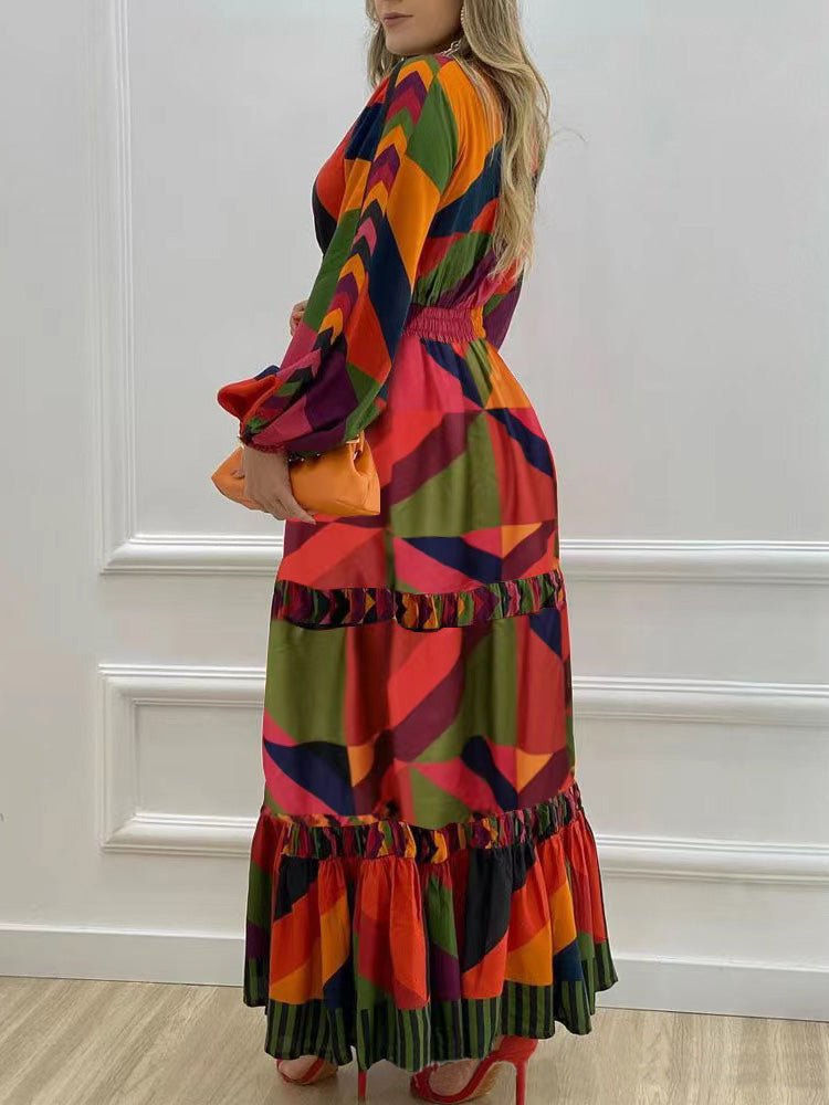 Printed V-Neck Long Sleeve Dress - Fashionpara