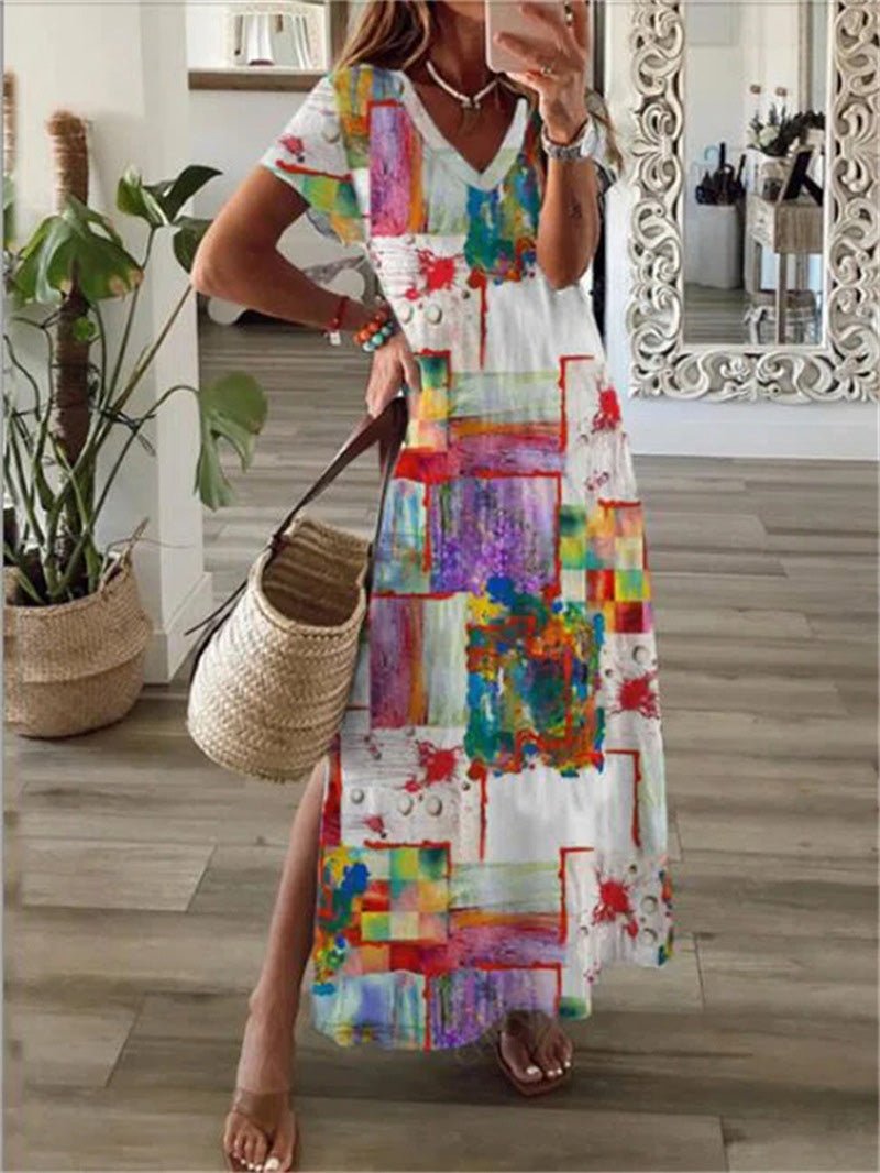 Printed V-Neck Short Sleeve Slit Dress Ins Street