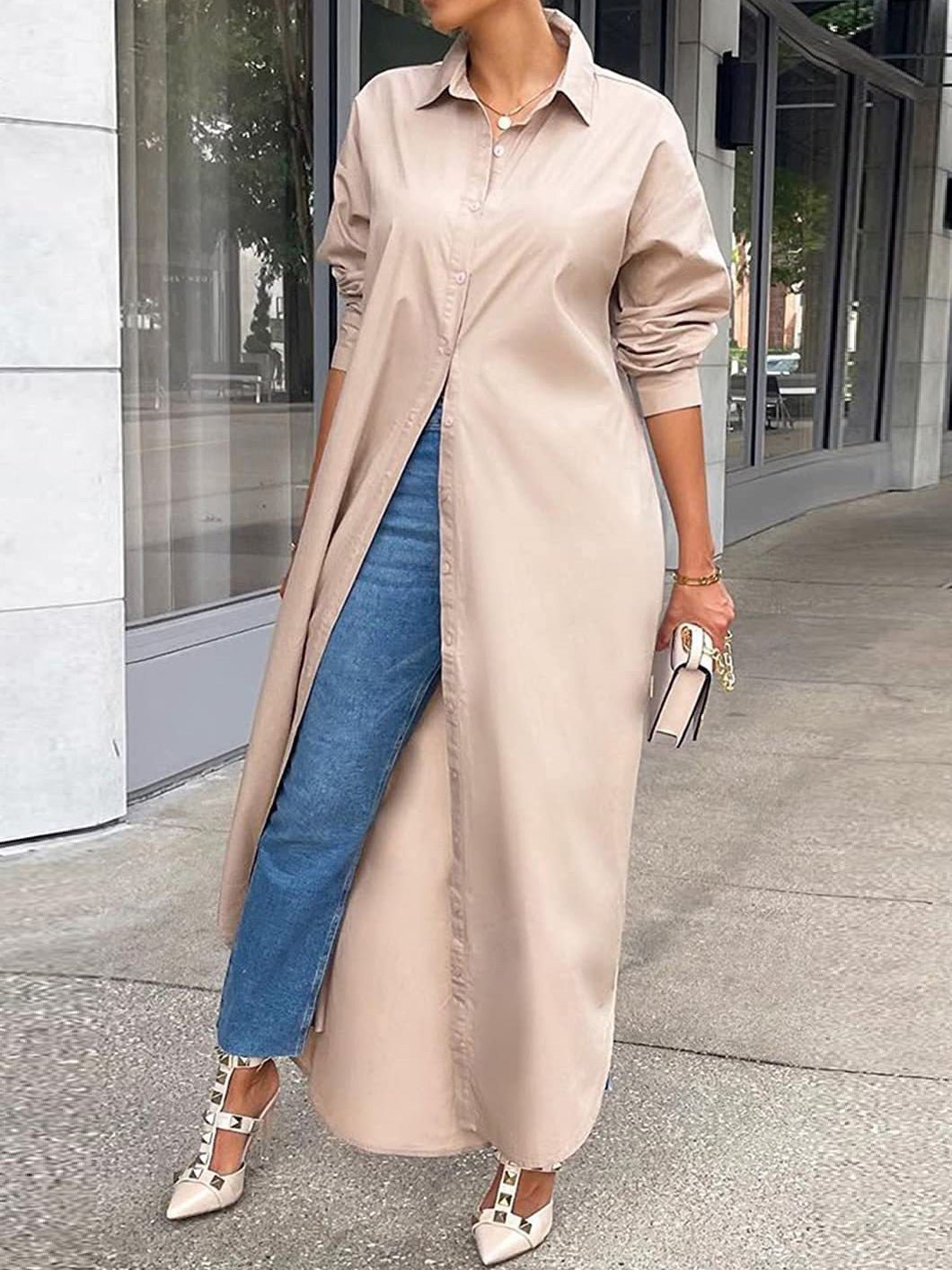 Solid Long Sleeve Slit Shirt Dress - Fashionpara