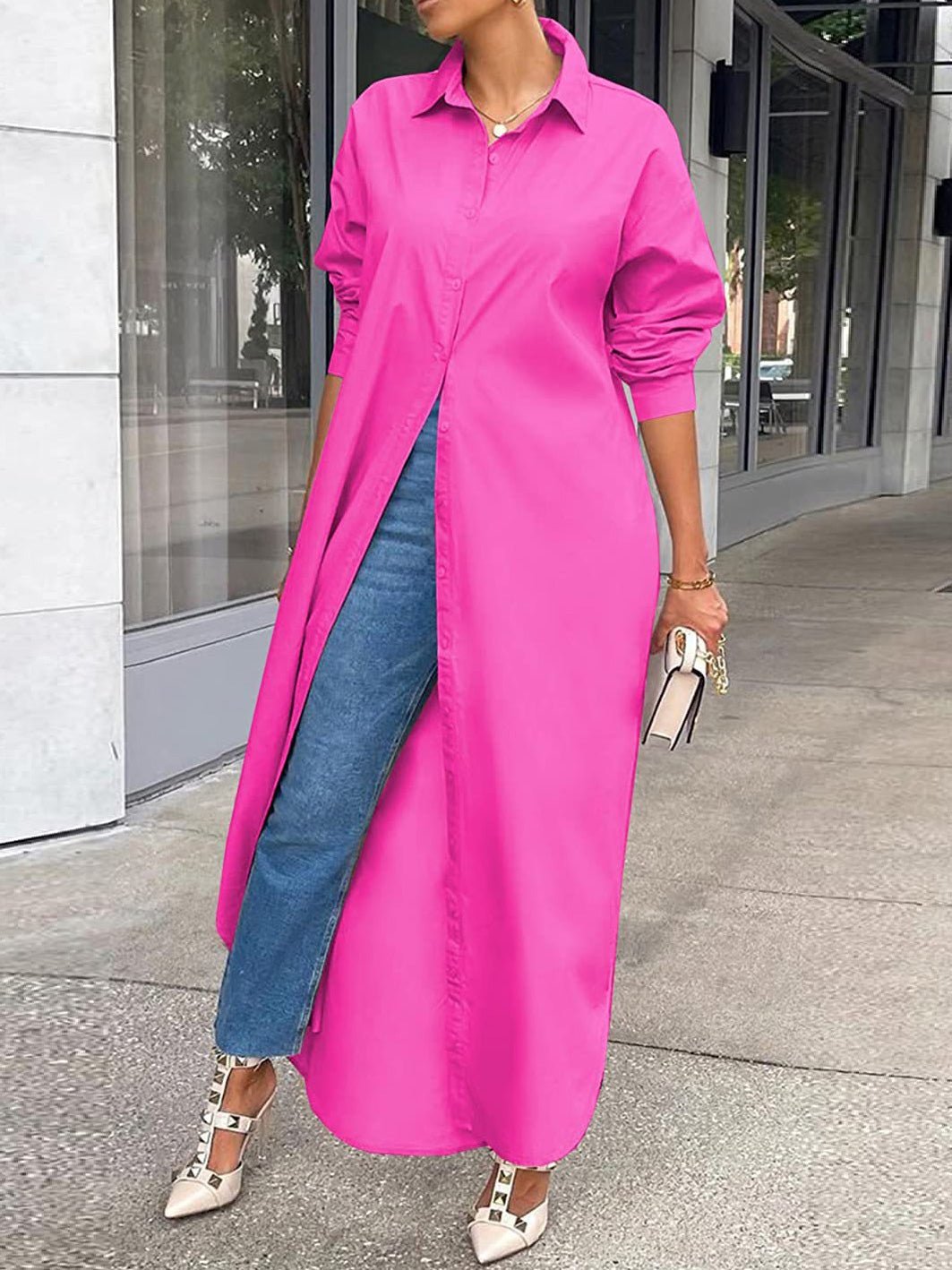 Solid Long Sleeve Slit Shirt Dress - Fashionpara
