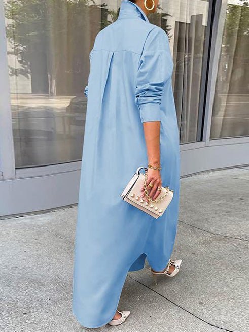 Solid Long Sleeve Slit Shirt Dress - Fashionpara