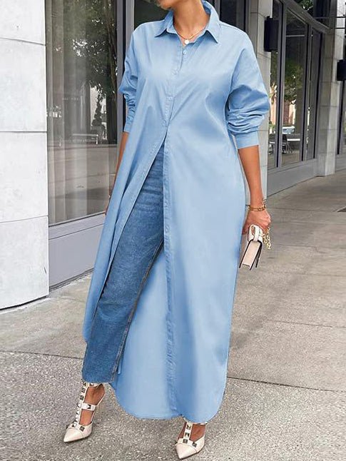 Solid Long Sleeve Slit Shirt Dress - Fashionpara