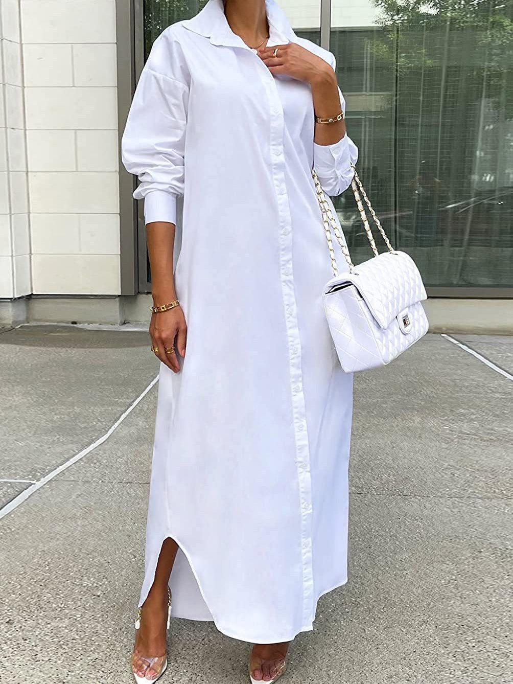 Solid Long Sleeve Slit Shirt Dress - Fashionpara