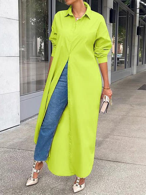 Solid Long Sleeve Slit Shirt Dress - Fashionpara