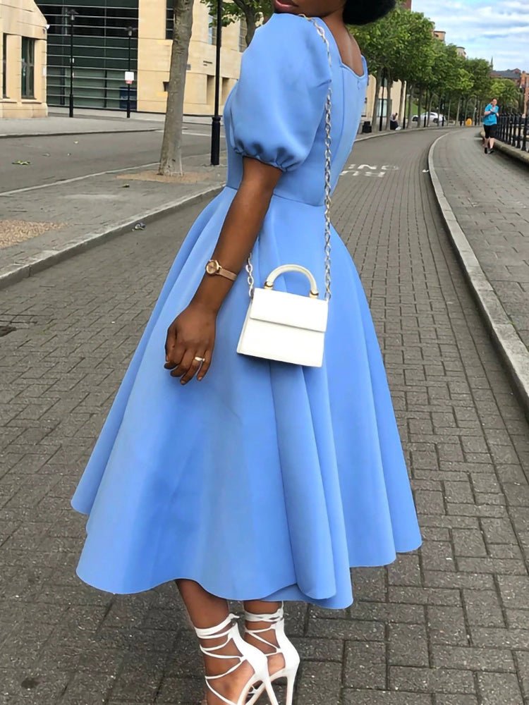 Solid Square Neck Short Sleeve Dress - Fashionpara